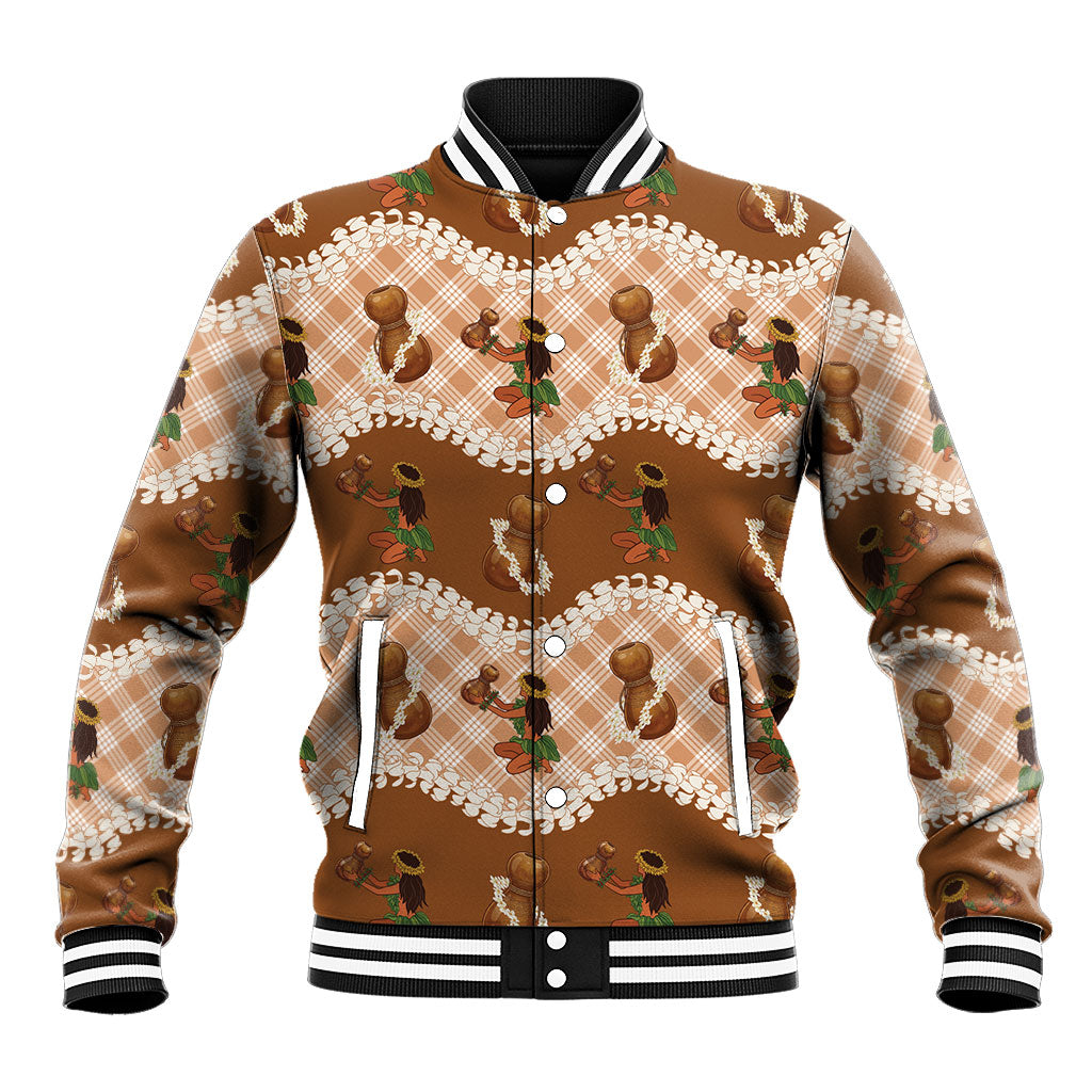 Ipu Heke Hawaii Makahiki Baseball Jacket Hawaiian Puakenikeni Lei Hula Girl Palaka Motifs LT14 Unisex Brown - Polynesian Pride