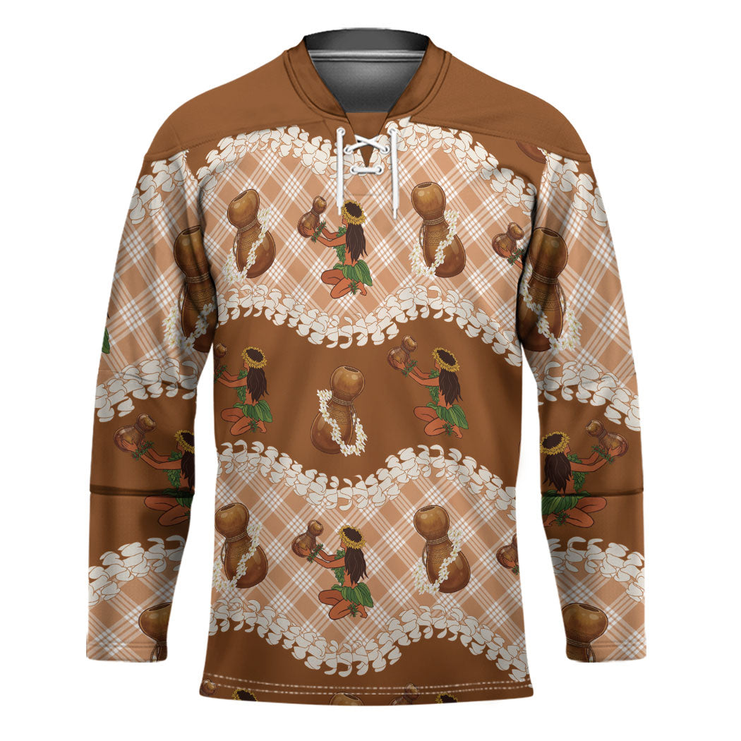 Ipu Heke Hawaii Makahiki Hockey Jersey Hawaiian Puakenikeni Lei Hula Girl Palaka Motifs LT14 Unisex Brown - Polynesian Pride