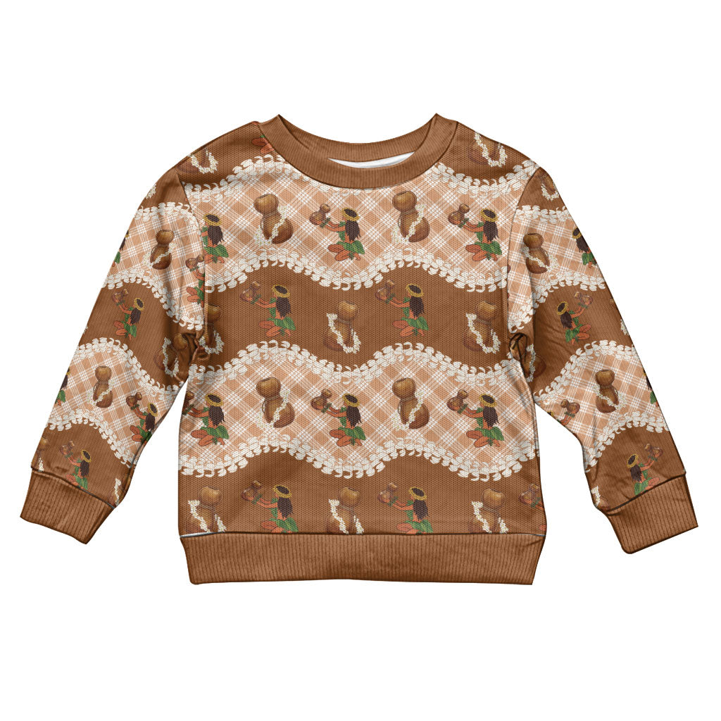 Ipu Heke Hawaii Makahiki Kid Ugly Christmas Sweater Hawaiian Puakenikeni Lei Hula Girl Palaka Motifs LT14 Kid Brown - Polynesian Pride