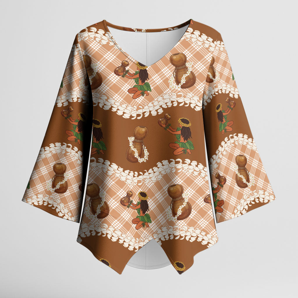 Ipu Heke Hawaii Makahiki Kimono Sleeve Blouse Hawaiian Puakenikeni Lei Hula Girl Palaka Motifs LT14 Female Brown - Polynesian Pride