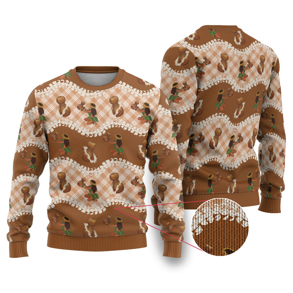 Ipu Heke Hawaii Makahiki Ugly Christmas Sweater Hawaiian Puakenikeni Lei Hula Girl Palaka Motifs LT14 Brown - Polynesian Pride