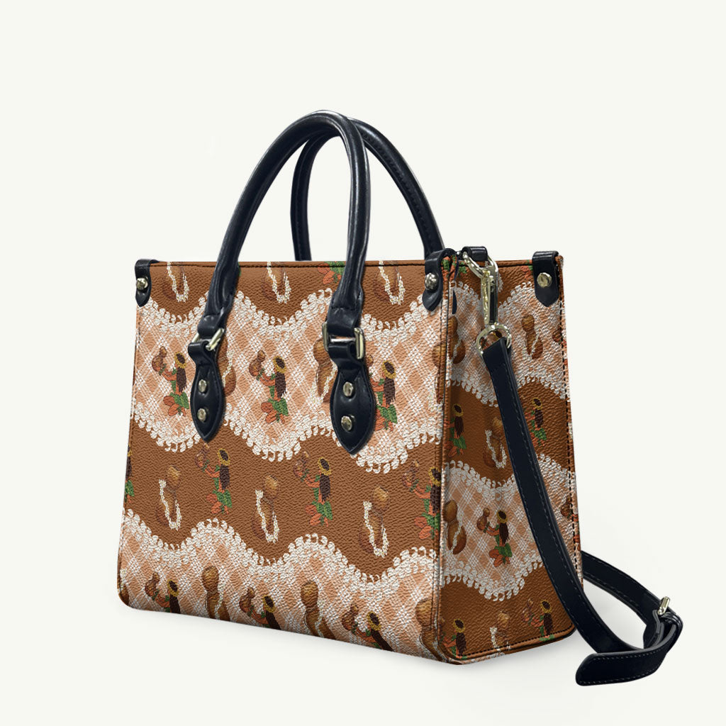 Ipu Heke Hawaii Makahiki Leather Bag Hawaiian Puakenikeni Lei Hula Girl Palaka Motifs LT14 Brown - Polynesian Pride