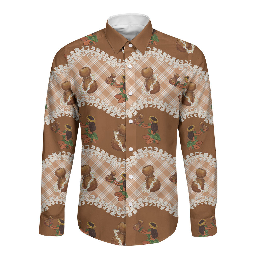 Ipu Heke Hawaii Makahiki Long Sleeve Button Shirt Hawaiian Puakenikeni Lei Hula Girl Palaka Motifs LT14 Unisex Brown - Polynesian Pride