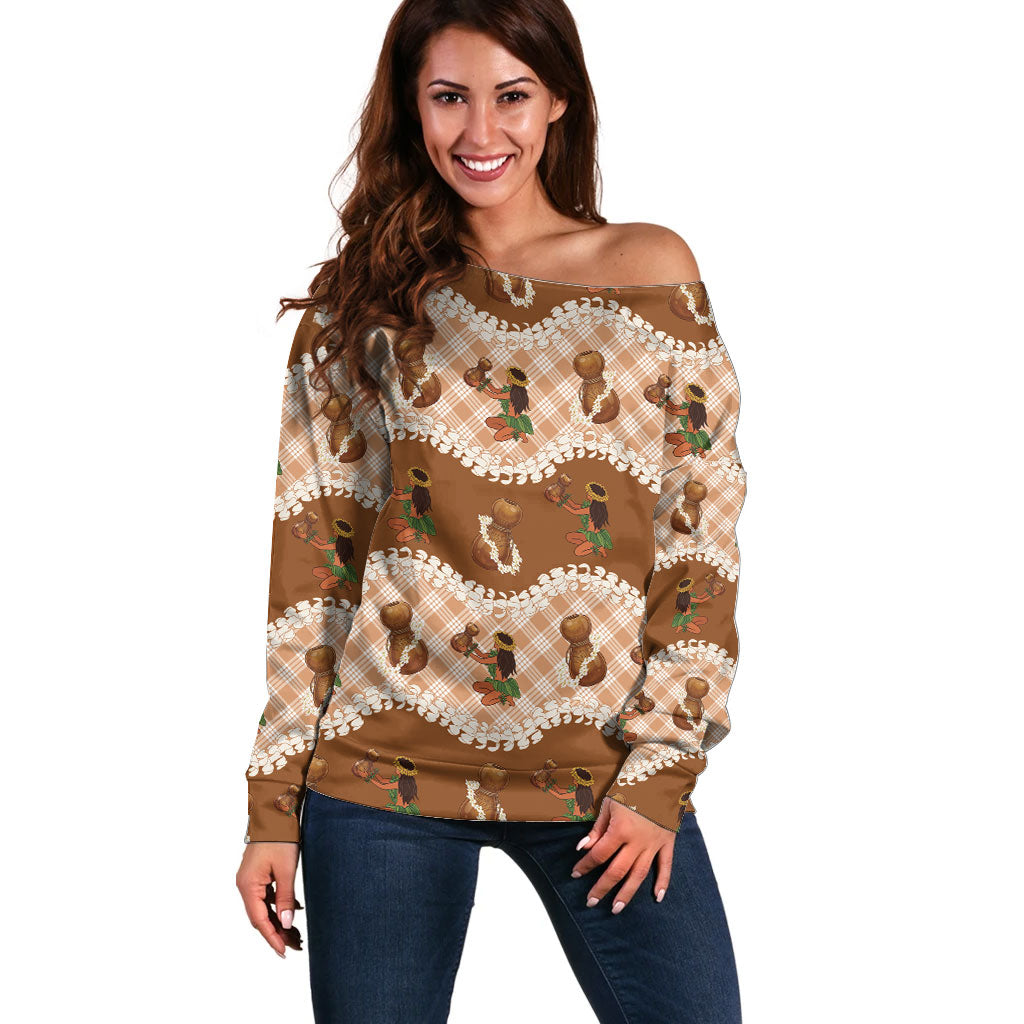 Ipu Heke Hawaii Makahiki Off Shoulder Sweater Hawaiian Puakenikeni Lei Hula Girl Palaka Motifs LT14 Women Brown - Polynesian Pride