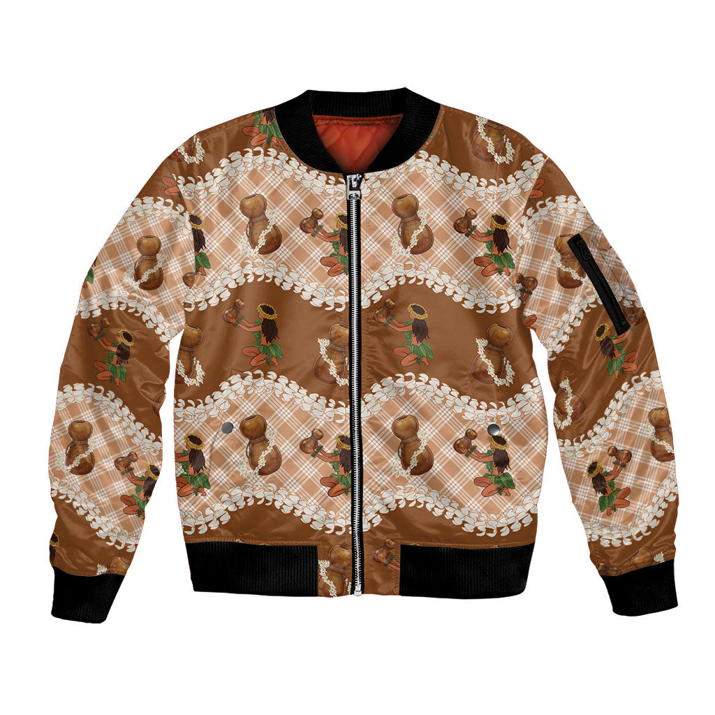 Ipu Heke Hawaii Makahiki Sleeve Zip Bomber Jacket Hawaiian Puakenikeni Lei Hula Girl Palaka Motifs LT14 Unisex Brown - Polynesian Pride