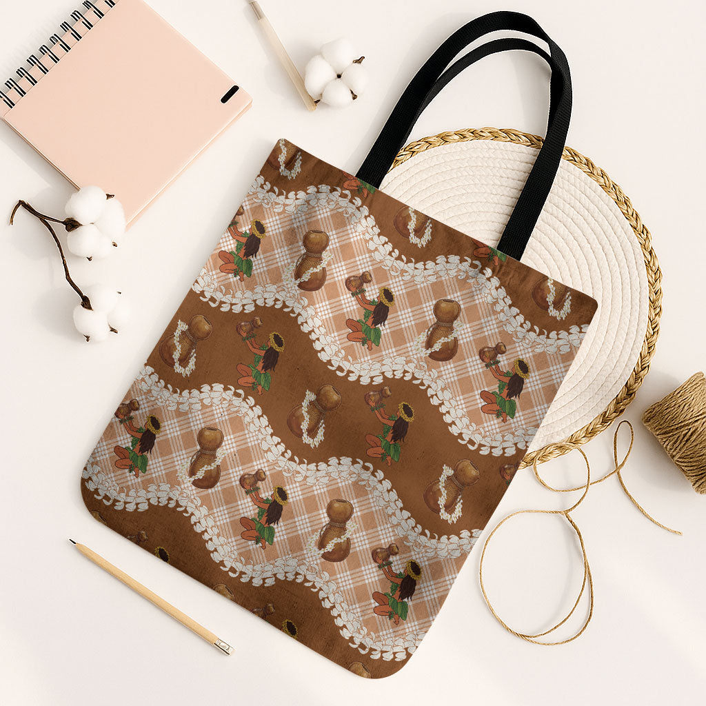 Ipu Heke Hawaii Makahiki Tote Bag Hawaiian Puakenikeni Lei Hula Girl Palaka Motifs LT14 Black Strap One Size Brown - Polynesian Pride
