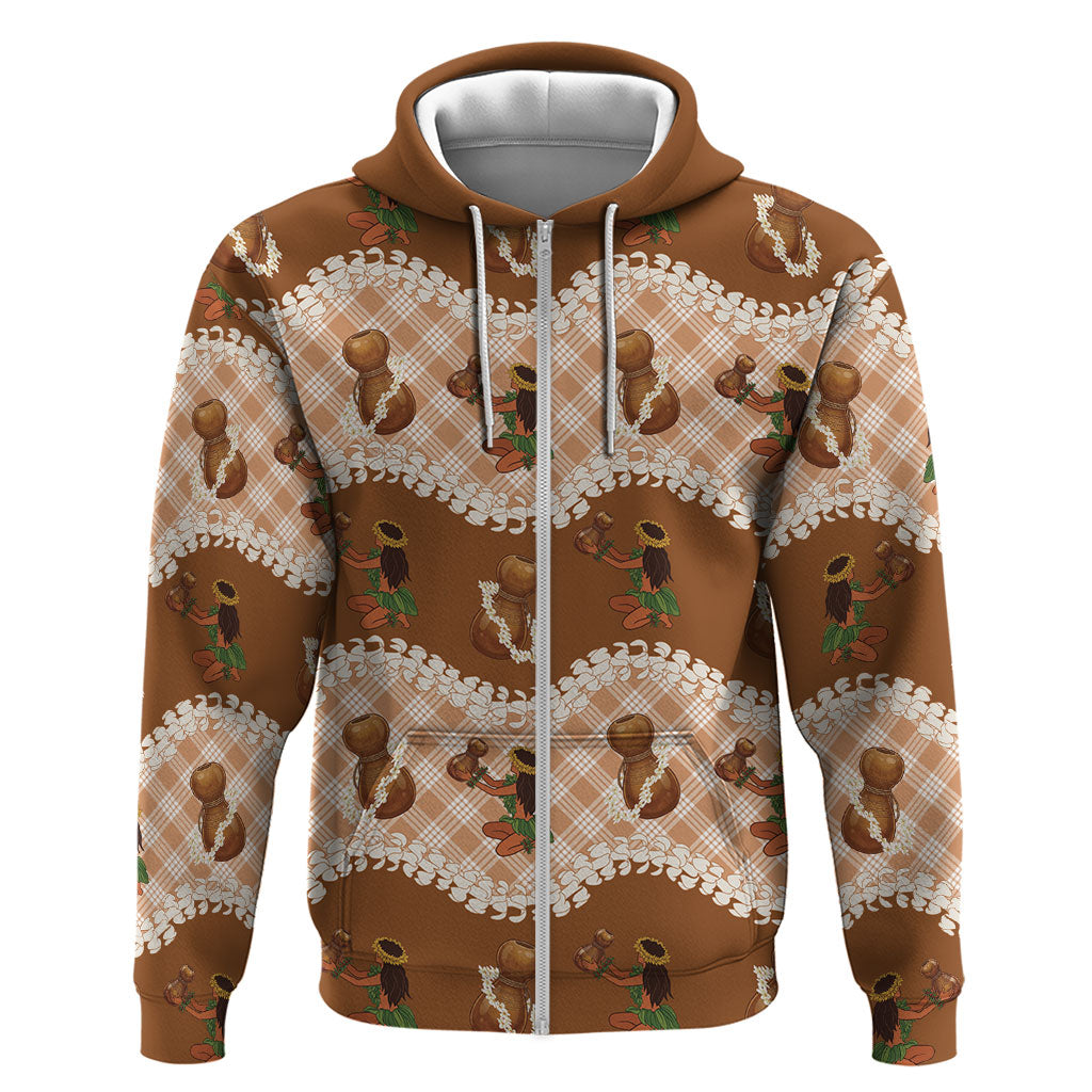 Ipu Heke Hawaii Makahiki Zip Hoodie Hawaiian Puakenikeni Lei Hula Girl Palaka Motifs LT14 Zip Hoodie Brown - Polynesian Pride