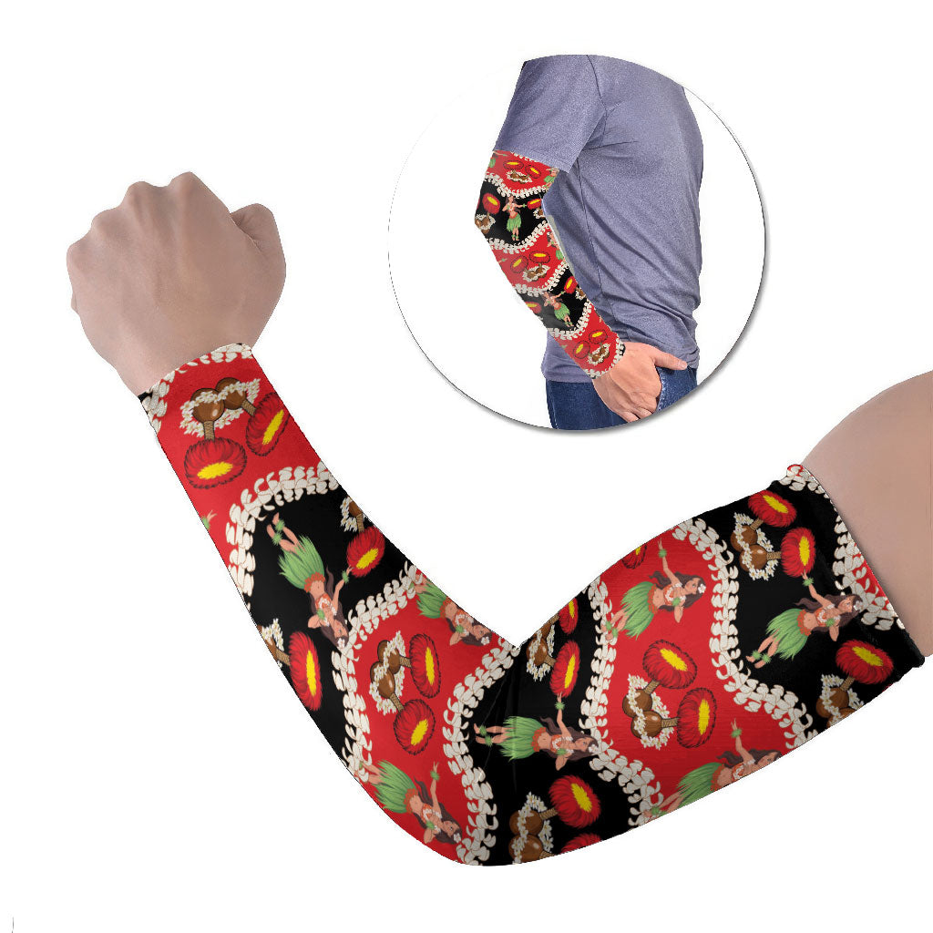 Uliuli Hawaii Makahiki Arm Sleeves Hawaiian Puakenikeni Lei Hula Girl Red Version
