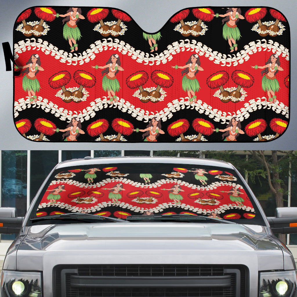 Uliuli Hawaii Makahiki Auto Sun Shade Hawaiian Puakenikeni Lei Hula Girl Red Version