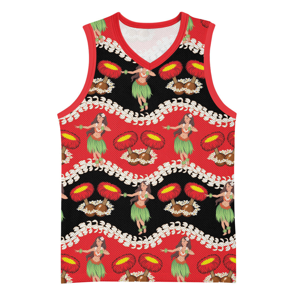 Uliuli Hawaii Makahiki Basketball Jersey Hawaiian Puakenikeni Lei Hula Girl Red Version
