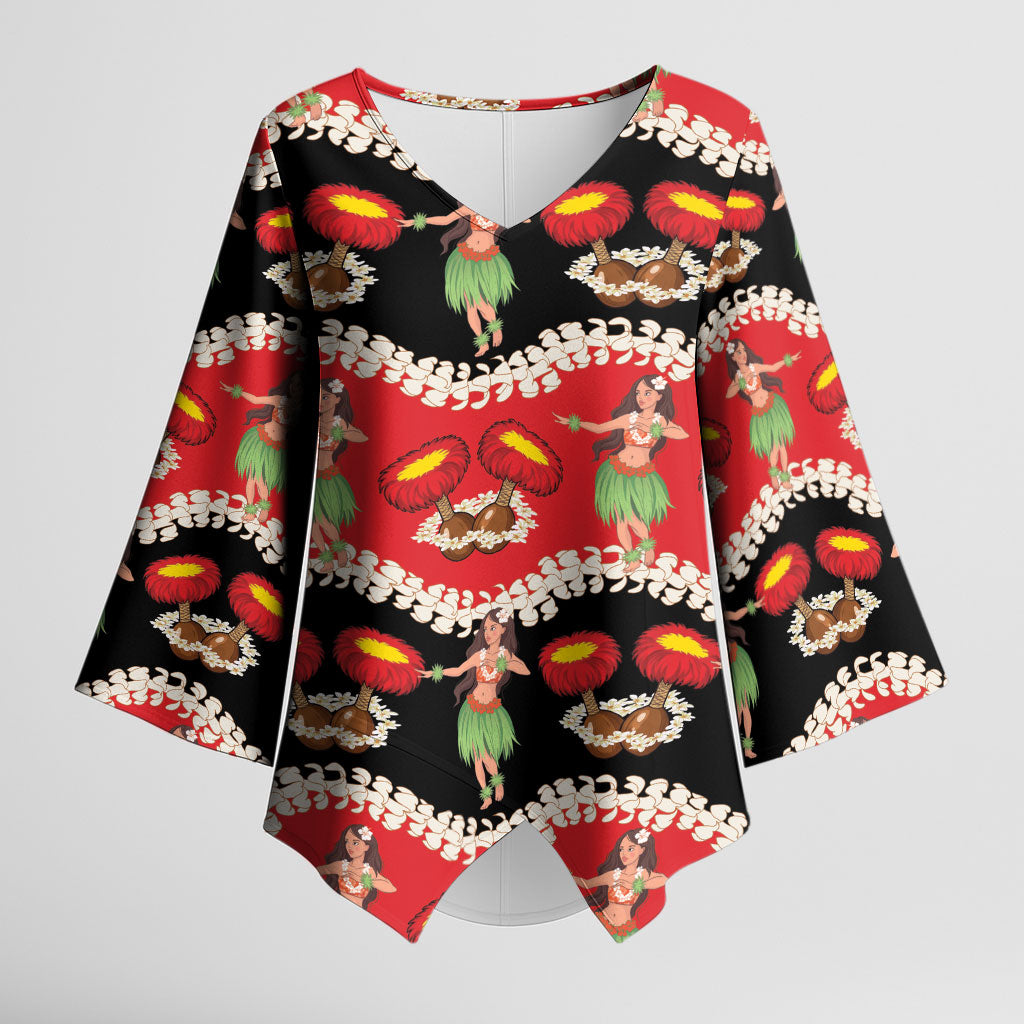 Uliuli Hawaii Makahiki Kimono Sleeve Blouse Hawaiian Puakenikeni Lei Hula Girl Red Version