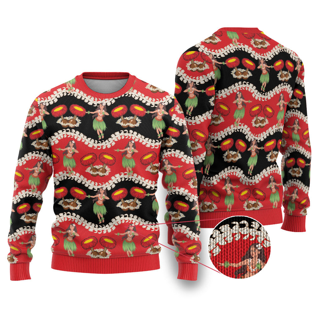 Uliuli Hawaii Makahiki Ugly Christmas Sweater Hawaiian Puakenikeni Lei Hula Girl Red Version LT14 Red - Polynesian Pride