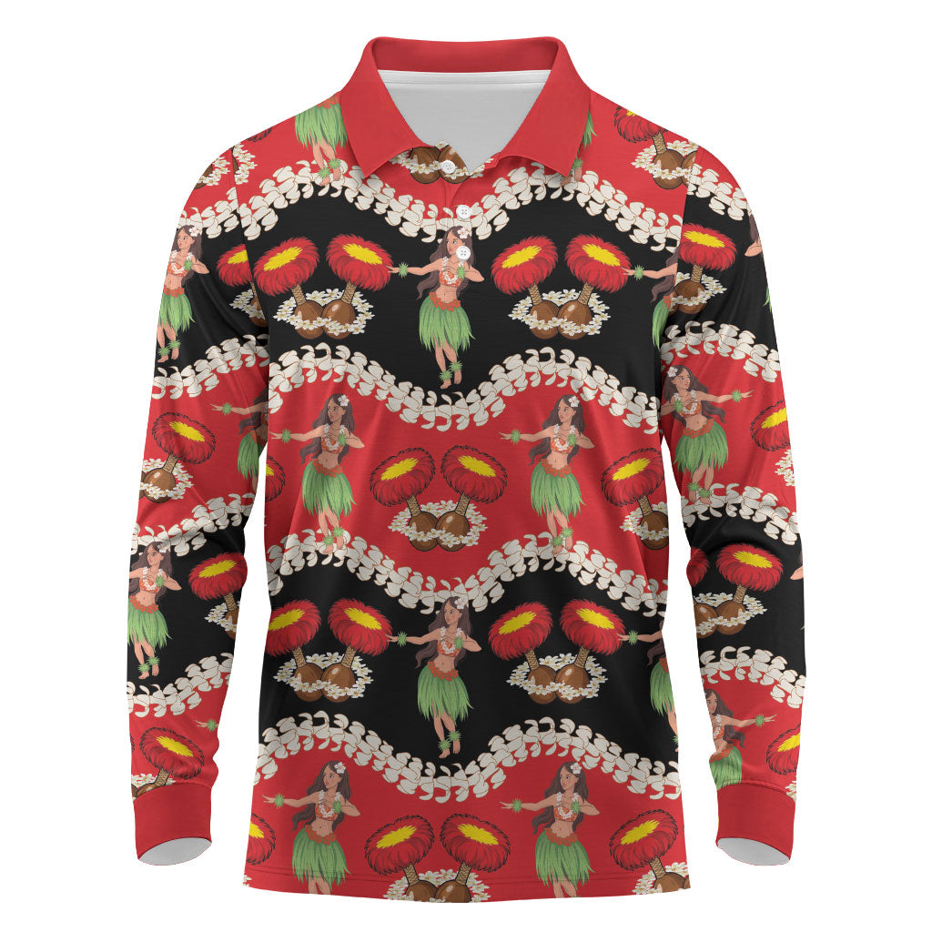 Uliuli Hawaii Makahiki Long Sleeve Polo Shirt Hawaiian Puakenikeni Lei Hula Girl Red Version LT14 Red - Polynesian Pride