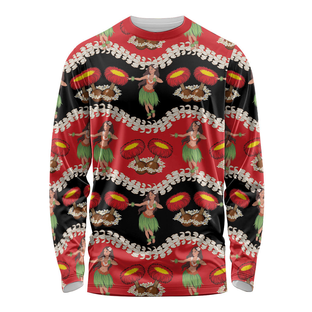 Uliuli Hawaii Makahiki Long Sleeve Shirt Hawaiian Puakenikeni Lei Hula Girl Red Version LT14 Unisex Red - Polynesian Pride