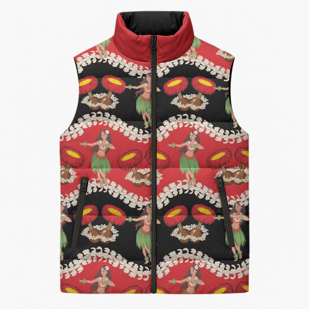 Uliuli Hawaii Makahiki Sleeveless Puffer Jacket Hawaiian Puakenikeni Lei Hula Girl Red Version