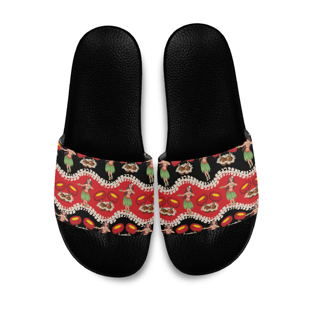 Uliuli Hawaii Makahiki Slide Sandals Hawaiian Puakenikeni Lei Hula Girl Red Version