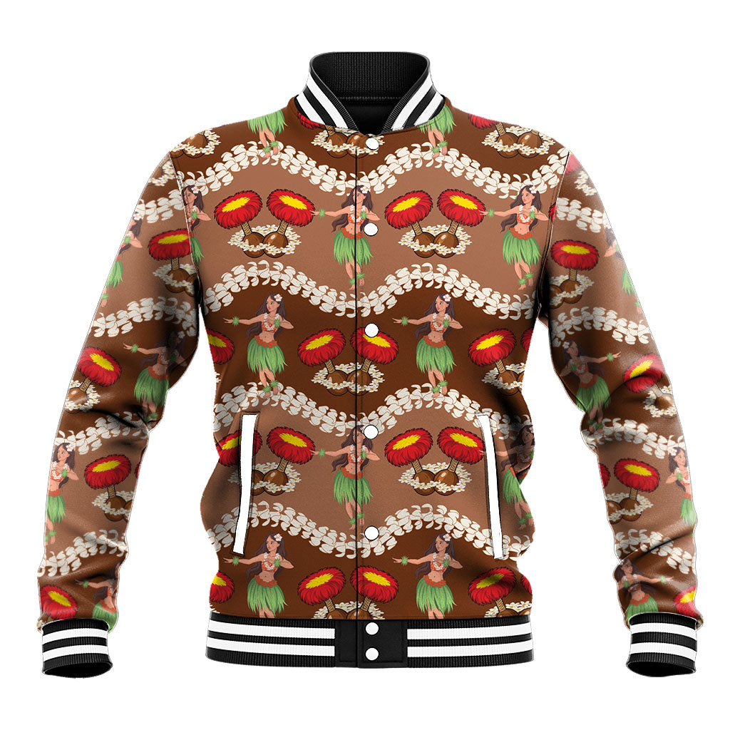 Uliuli Hawaii Makahiki Baseball Jacket Hawaiian Puakenikeni Lei Hula Girl Brown Version