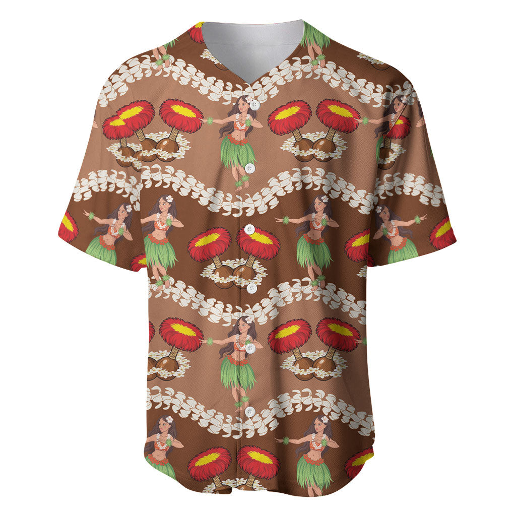 Uliuli Hawaii Makahiki Baseball Jersey Hawaiian Puakenikeni Lei Hula Girl Brown Version