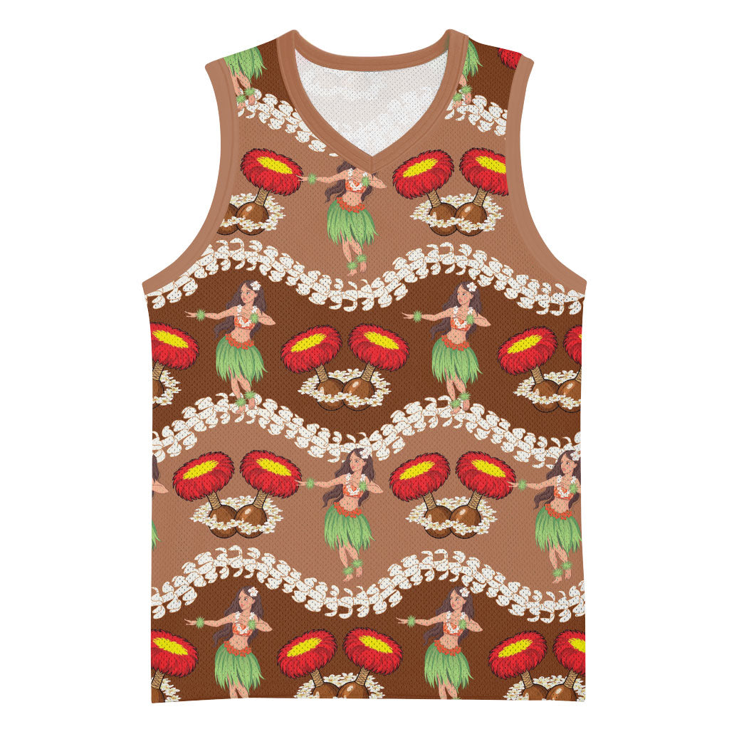 Uliuli Hawaii Makahiki Basketball Jersey Hawaiian Puakenikeni Lei Hula Girl Brown Version