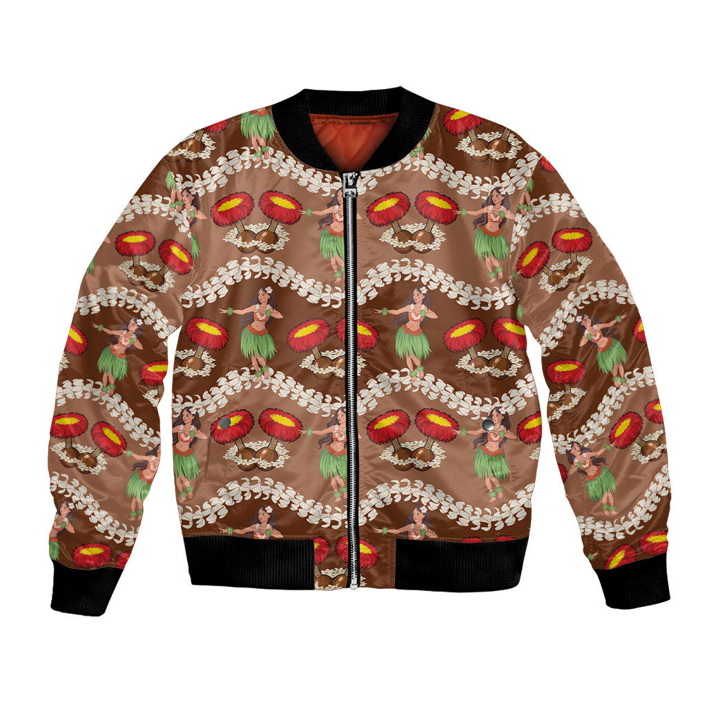Uliuli Hawaii Makahiki Bomber Jacket Hawaiian Puakenikeni Lei Hula Girl Brown Version