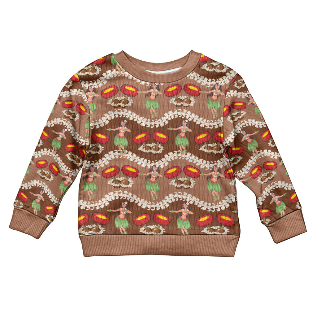 Uliuli Hawaii Makahiki Kid Ugly Christmas Sweater Hawaiian Puakenikeni Lei Hula Girl Brown Version LT14 Kid Brown - Polynesian Pride