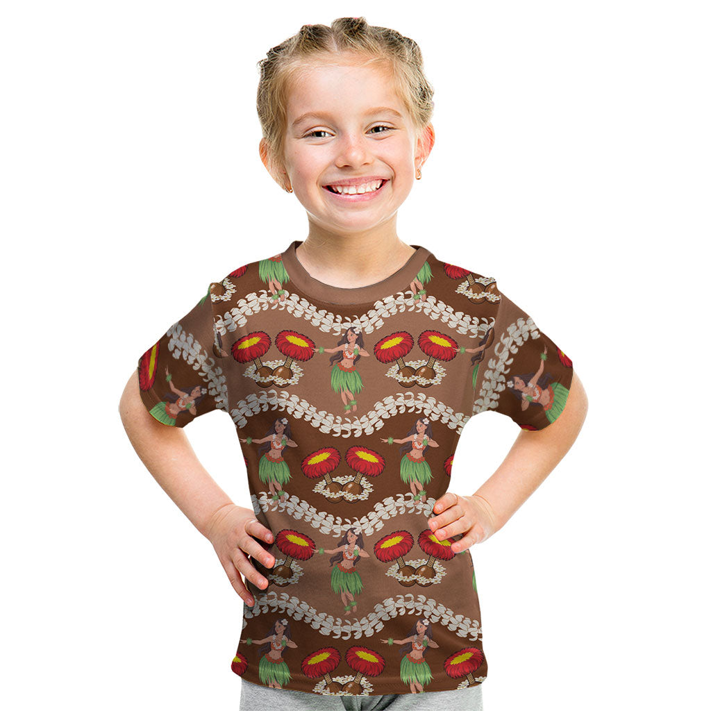 Uliuli Hawaii Makahiki Kid T Shirt Hawaiian Puakenikeni Lei Hula Girl Brown Version