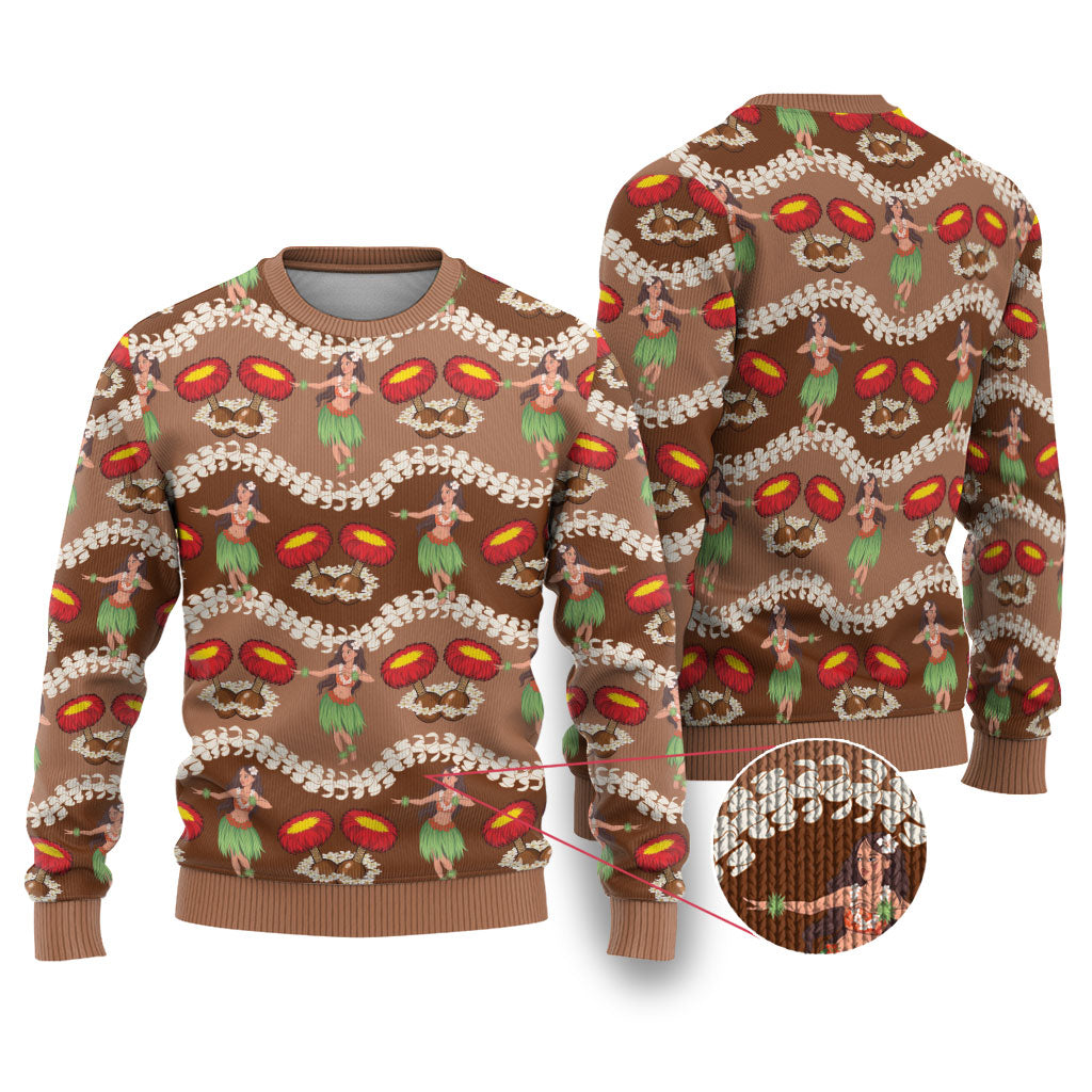Uliuli Hawaii Makahiki Ugly Christmas Sweater Hawaiian Puakenikeni Lei Hula Girl Brown Version LT14 Brown - Polynesian Pride