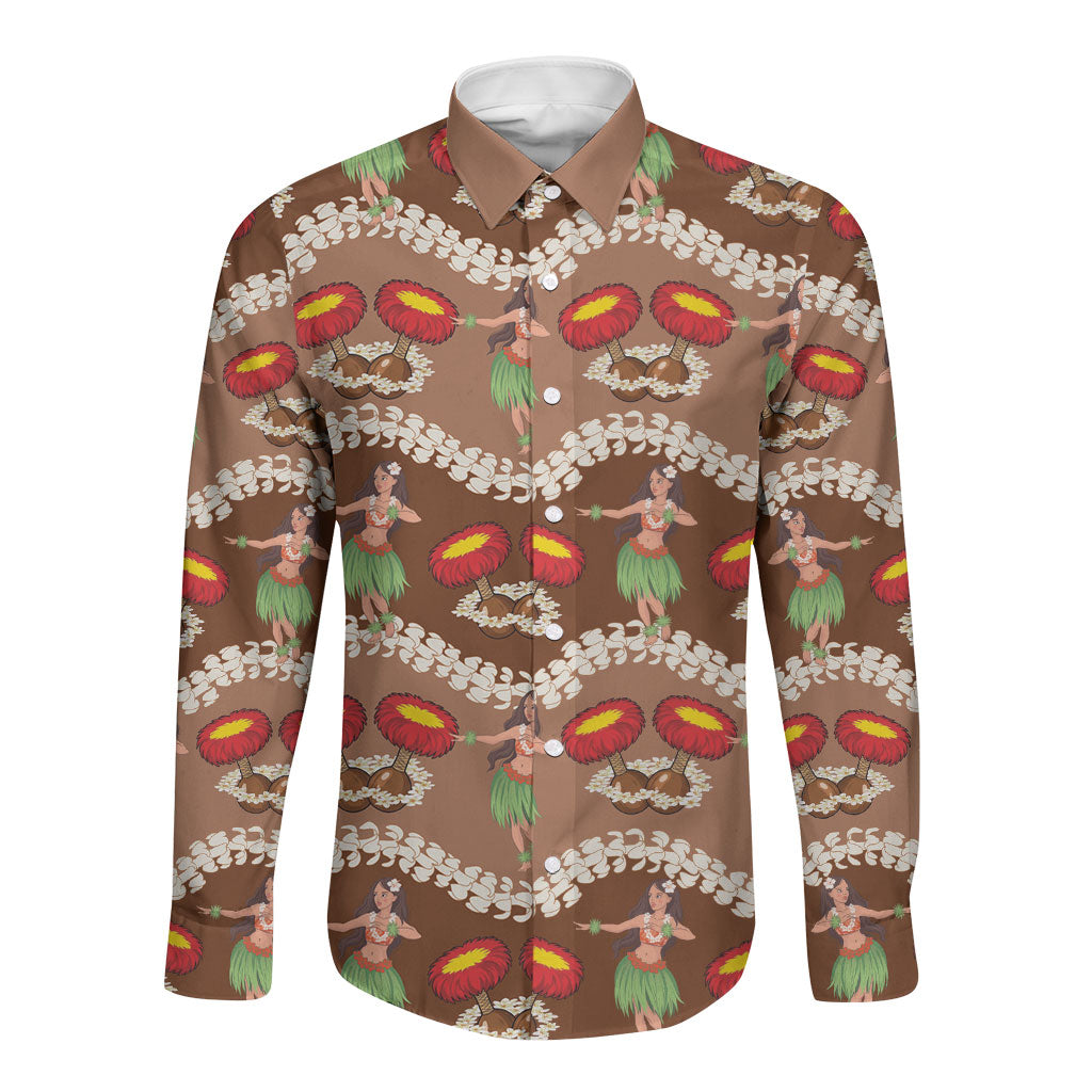 Uliuli Hawaii Makahiki Long Sleeve Button Shirt Hawaiian Puakenikeni Lei Hula Girl Brown Version