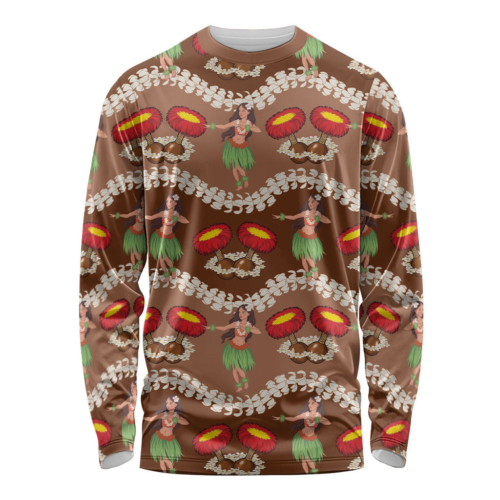 Uliuli Hawaii Makahiki Long Sleeve Shirt Hawaiian Puakenikeni Lei Hula Girl Brown Version