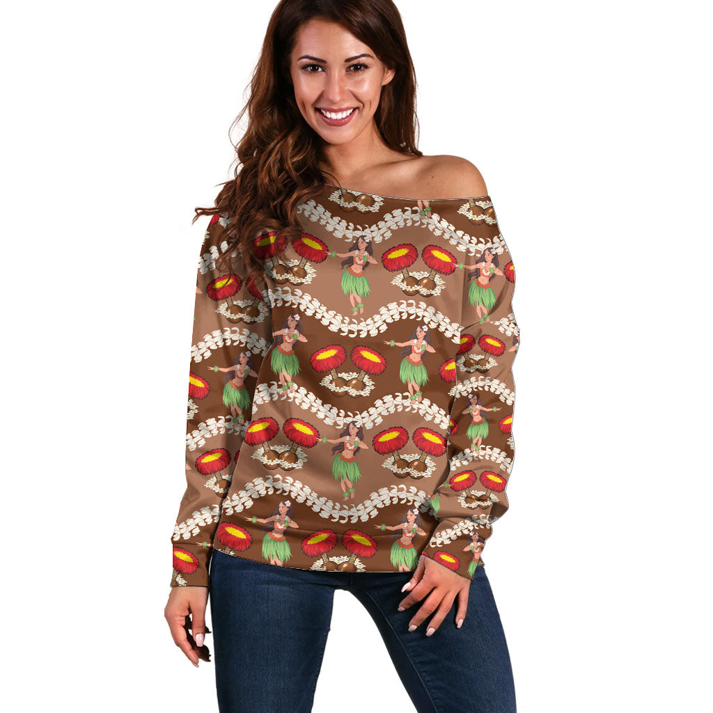 Uliuli Hawaii Makahiki Off Shoulder Sweater Hawaiian Puakenikeni Lei Hula Girl Brown Version