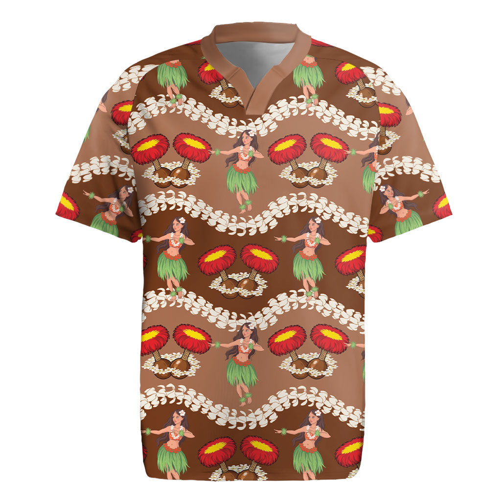 Uliuli Hawaii Makahiki Rugby Jersey Hawaiian Puakenikeni Lei Hula Girl Brown Version LT14 Brown - Polynesian Pride