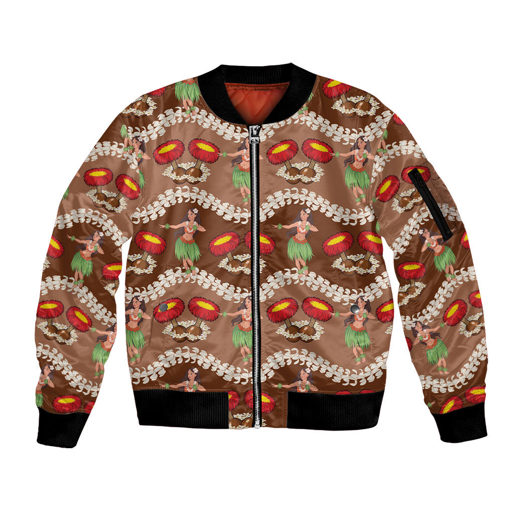 Uliuli Hawaii Makahiki Sleeve Zip Bomber Jacket Hawaiian Puakenikeni Lei Hula Girl Brown Version