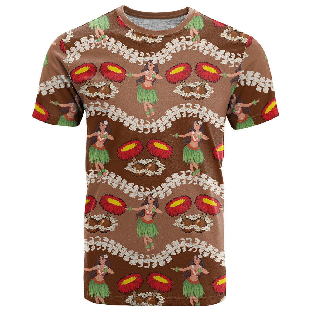 Uliuli Hawaii Makahiki T Shirt Hawaiian Puakenikeni Lei Hula Girl Brown Version