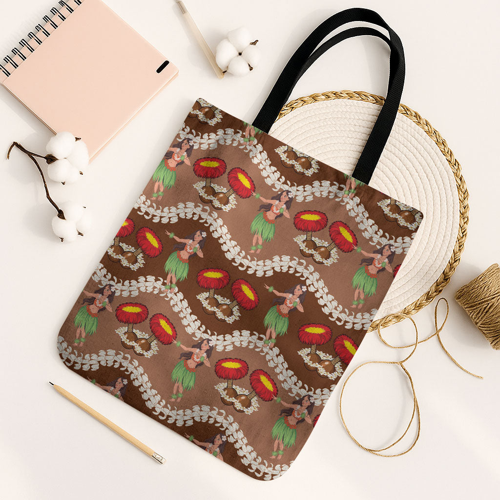 Uliuli Hawaii Makahiki Tote Bag Hawaiian Puakenikeni Lei Hula Girl Brown Version LT14 Black Strap One Size Brown - Polynesian Pride