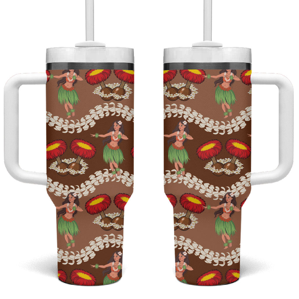 Uliuli Hawaii Makahiki Tumbler With Handle Hawaiian Puakenikeni Lei Hula Girl Brown Version LT14 One Size: 40 oz Brown - Polynesian Pride
