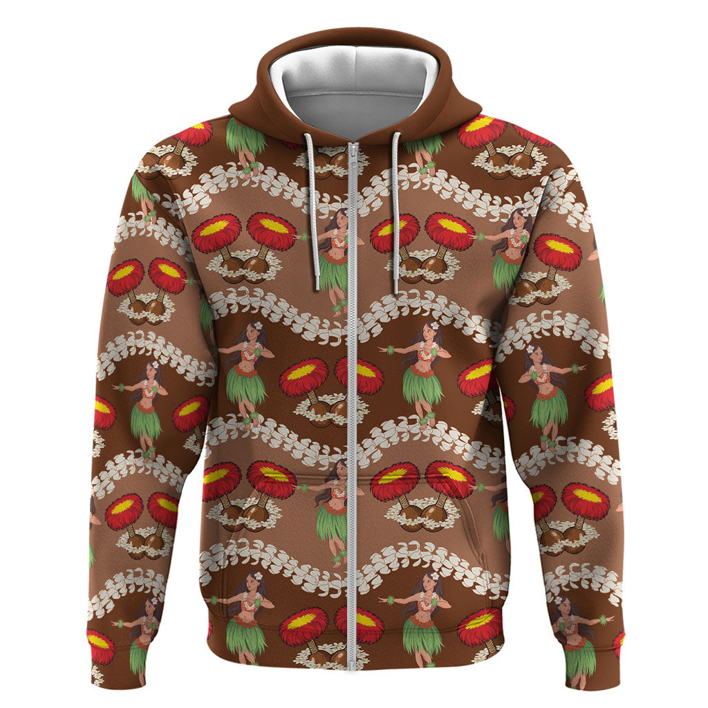 Uliuli Hawaii Makahiki Zip Hoodie Hawaiian Puakenikeni Lei Hula Girl Brown Version