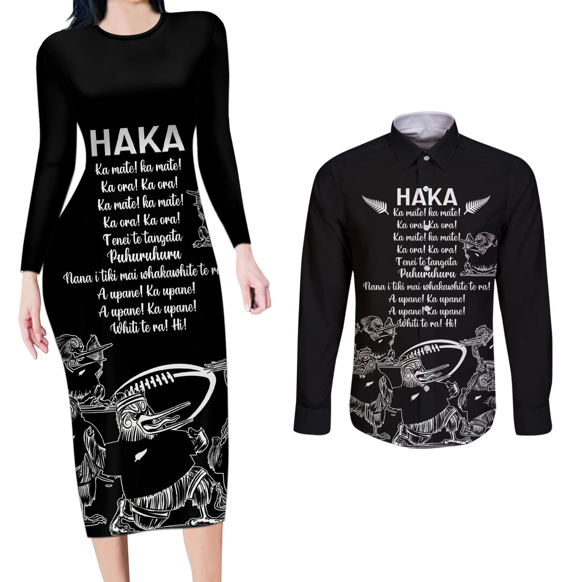 New Zealand Silver Fern Rugby Couples Matching Long Sleeve Bodycon Dress and Long Sleeve Button Shirt Haka Aotearoa Kiwi Dance LT14 Black - Polynesian Pride