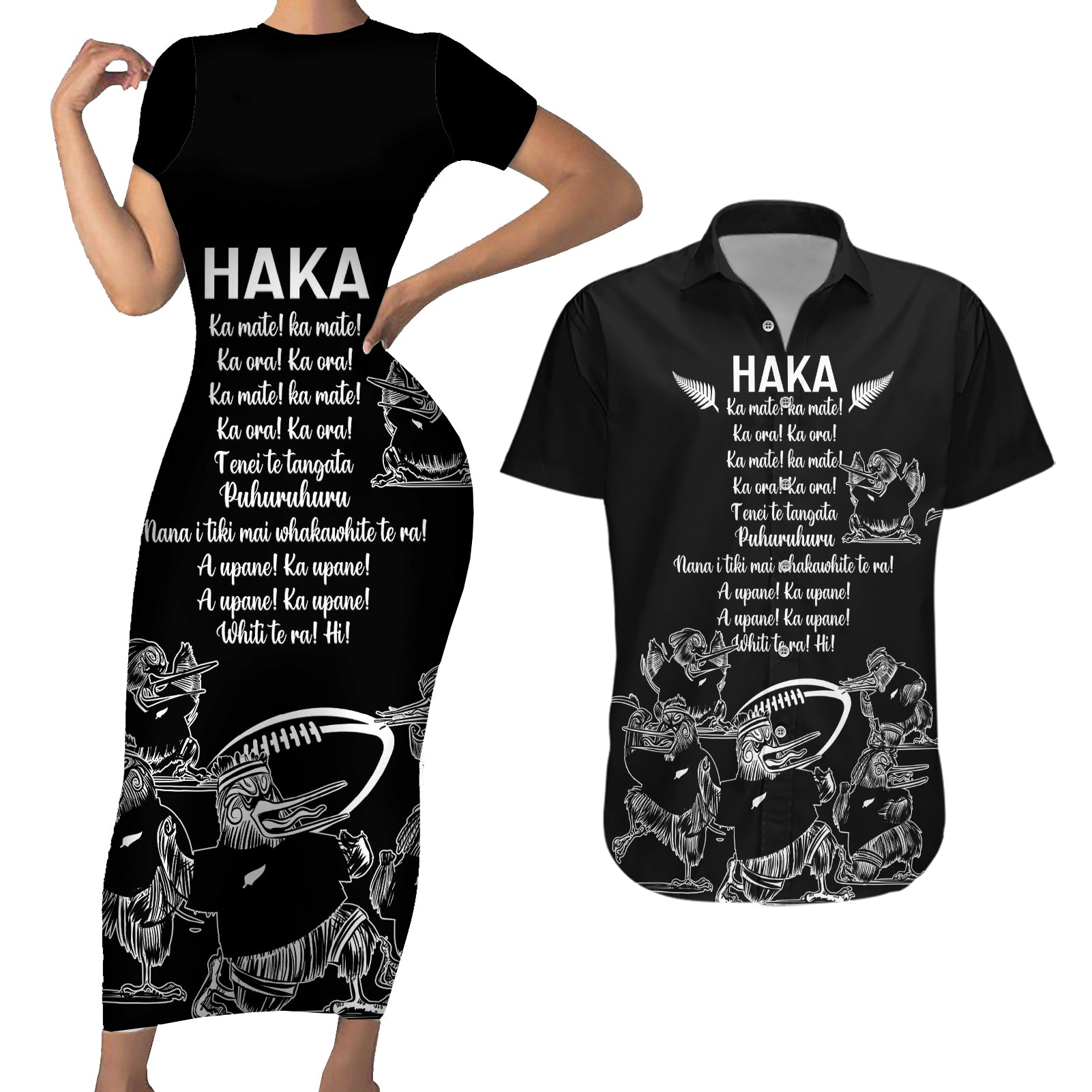 New Zealand Silver Fern Rugby Couples Matching Short Sleeve Bodycon Dress and Hawaiian Shirt Haka Aotearoa Kiwi Dance LT14 Black - Polynesian Pride