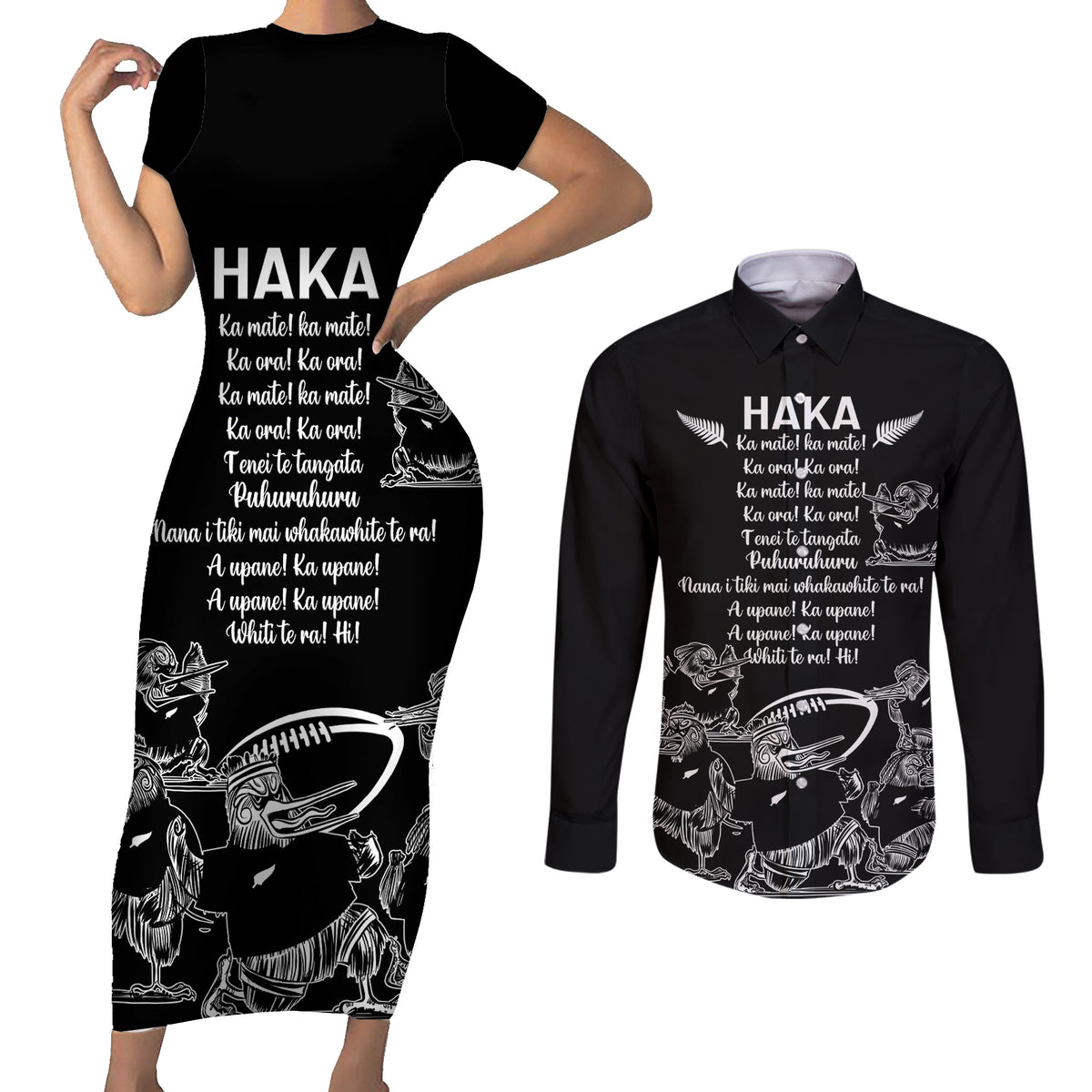 New Zealand Silver Fern Rugby Couples Matching Short Sleeve Bodycon Dress and Long Sleeve Button Shirt Haka Aotearoa Kiwi Dance LT14 Black - Polynesian Pride