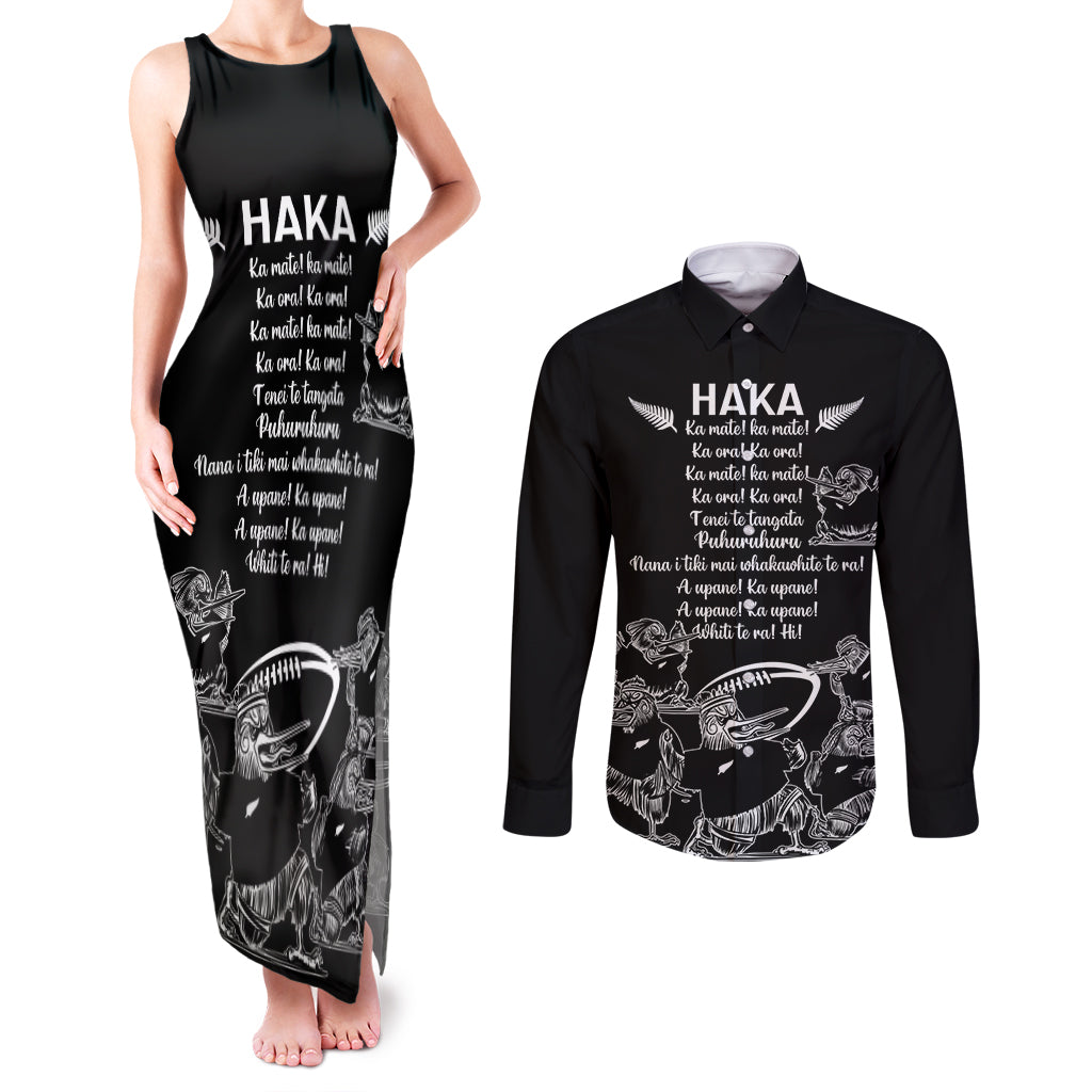 New Zealand Silver Fern Rugby Couples Matching Tank Maxi Dress and Long Sleeve Button Shirt Haka Aotearoa Kiwi Dance LT14 Black - Polynesian Pride