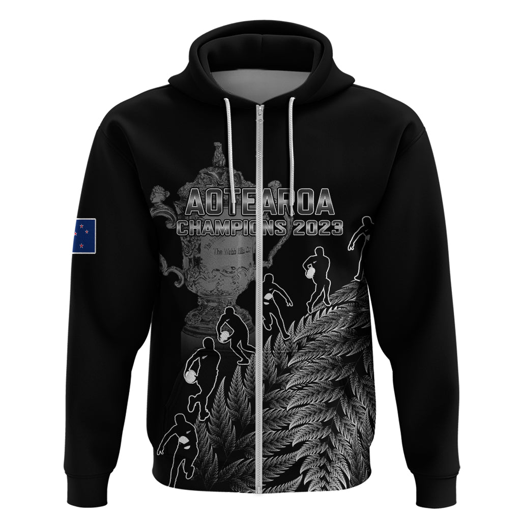 Custom New Zealand Silver Fern Rugby Hoodie All Black Go Champions 2023 With Trophy Proud LT14 Zip Hoodie Black - Polynesian Pride