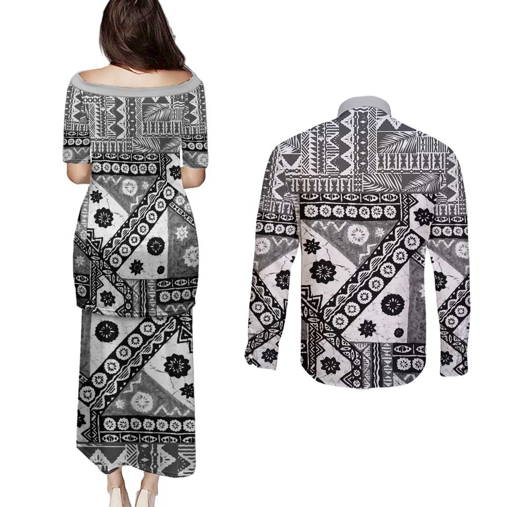 Black Bula Fiji Couples Matching Puletasi and Long Sleeve Button Shirt Unique Masi Tapa Pattern