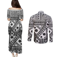 Black Bula Fiji Couples Matching Puletasi and Long Sleeve Button Shirt Unique Masi Tapa Pattern