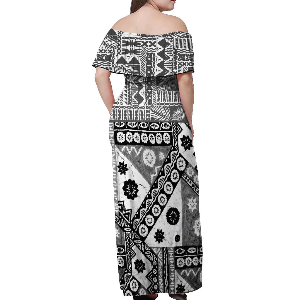 Black Bula Fiji Off Shoulder Maxi Dress Unique Masi Tapa Pattern