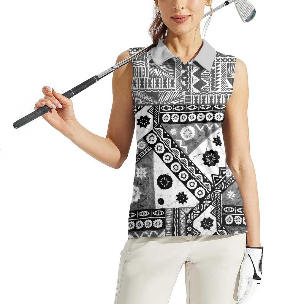 Black Bula Fiji Women Sleeveless Polo Shirt Unique Masi Tapa Pattern