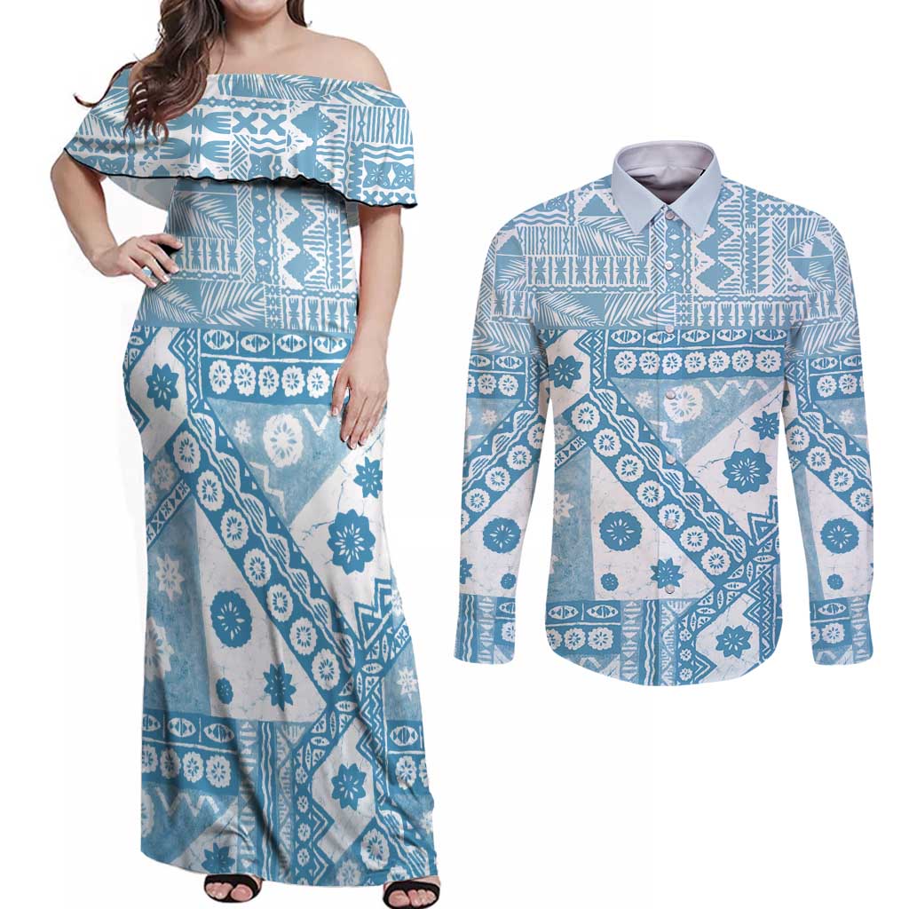 Blue Bula Fiji Couples Matching Off Shoulder Maxi Dress and Long Sleeve Button Shirt Unique Masi Tapa Pattern