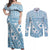 Blue Bula Fiji Couples Matching Off Shoulder Maxi Dress and Long Sleeve Button Shirt Unique Masi Tapa Pattern