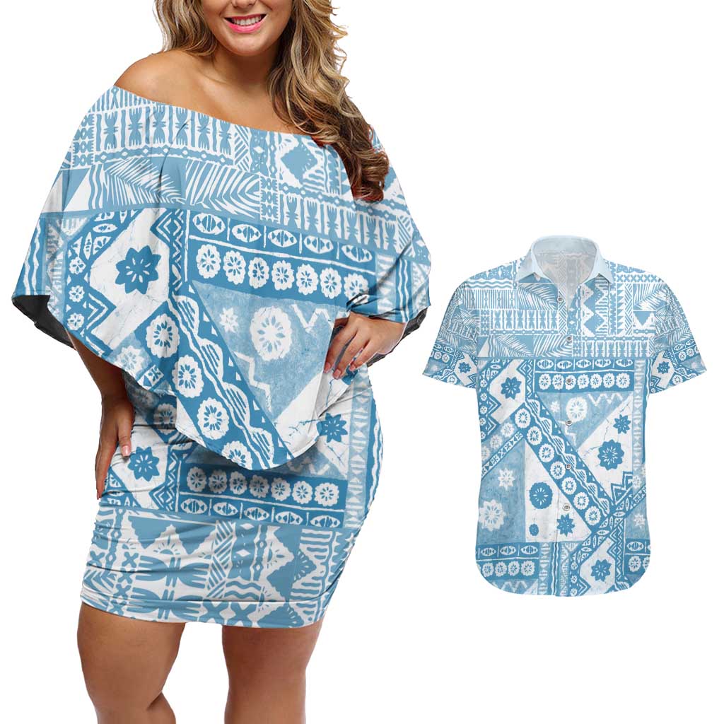 Blue Bula Fiji Couples Matching Off Shoulder Short Dress and Hawaiian Shirt Unique Masi Tapa Pattern