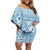 Blue Bula Fiji Family Matching Off Shoulder Short Dress and Hawaiian Shirt Unique Masi Tapa Pattern