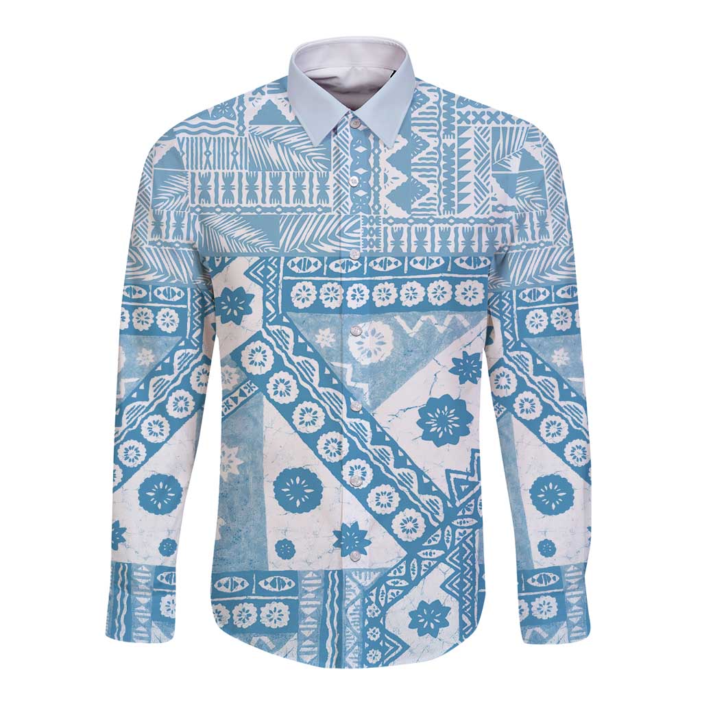 Blue Bula Fiji Long Sleeve Button Shirt Unique Masi Tapa Pattern